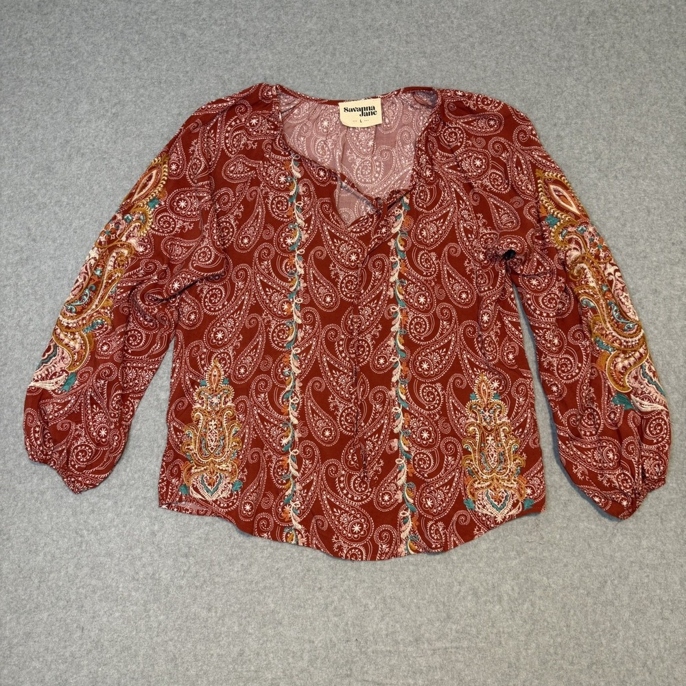 Savanna Jane Top Blouse Women Large Embroidered Paisley Print Boho Western